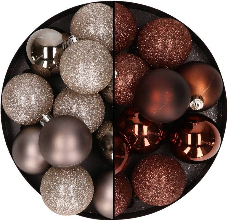 Merkloos 24x stuks kunststof kerstballen mix van champagne en donkerbruin 6 cm Kerstbal