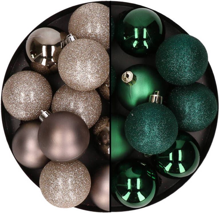 Merkloos 24x stuks kunststof kerstballen mix van champagne en donkergroen 6 cm Kerstbal