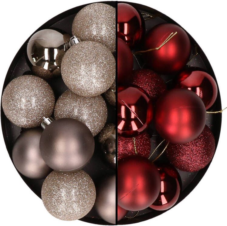 Merkloos 24x stuks kunststof kerstballen mix van champagne en donkerrood 6 cm Kerstbal