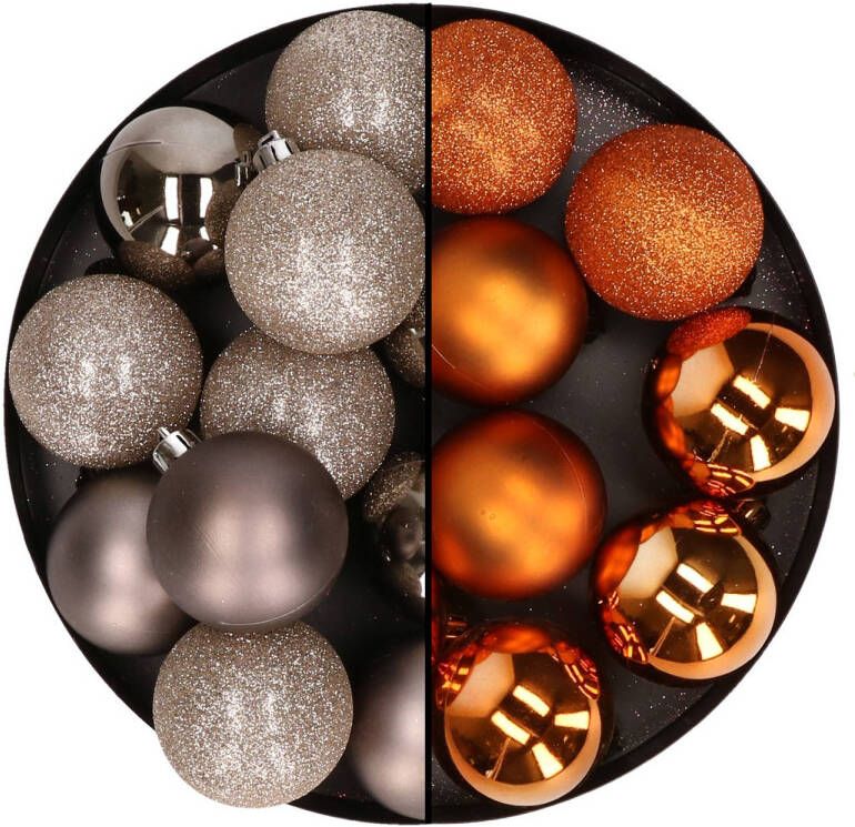Merkloos 24x stuks kunststof kerstballen mix van champagne en koper 6 cm Kerstbal