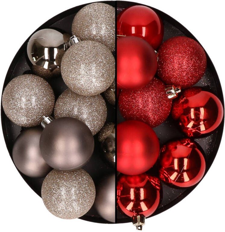 Merkloos 24x stuks kunststof kerstballen mix van champagne en rood 6 cm Kerstbal
