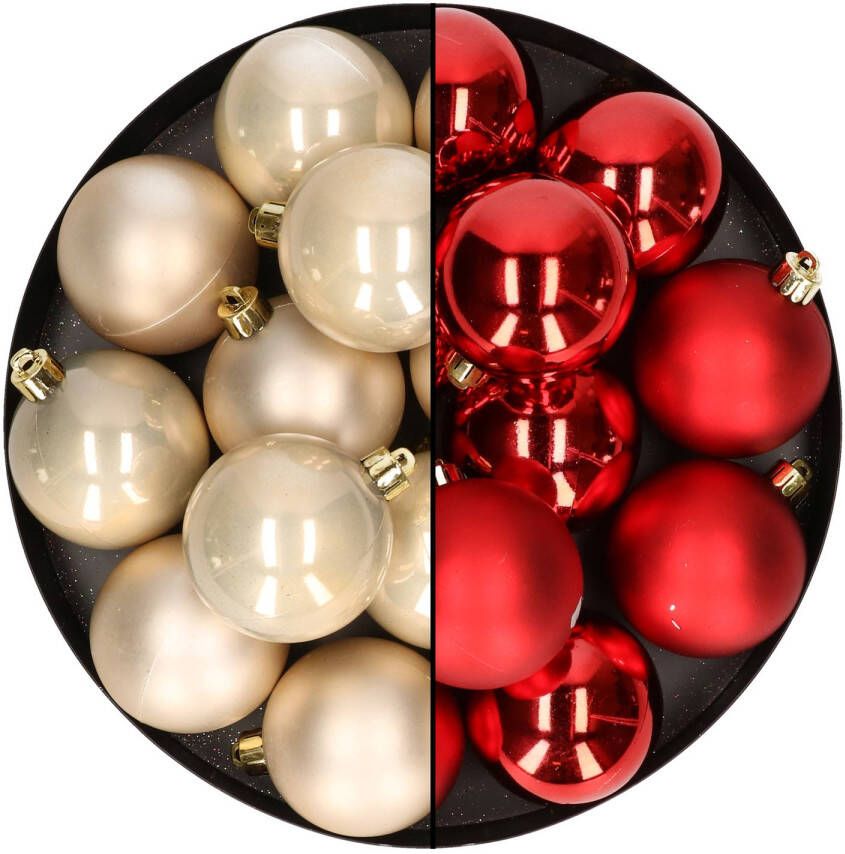 Merkloos 24x stuks kunststof kerstballen mix van champagne en rood 6 cm Kerstbal