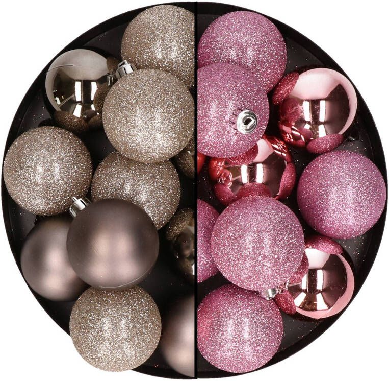 Merkloos 24x stuks kunststof kerstballen mix van champagne en roze 6 cm Kerstbal