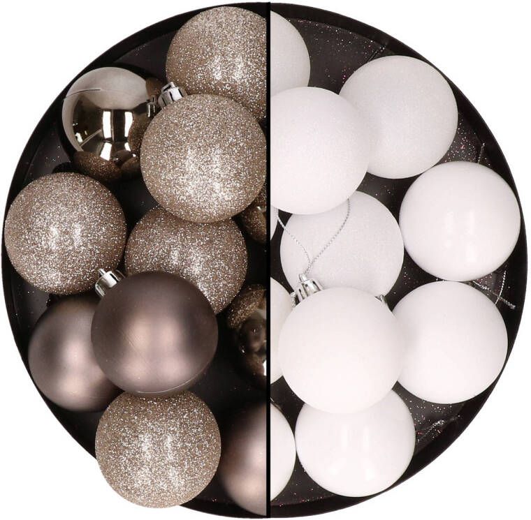 Merkloos 24x stuks kunststof kerstballen mix van champagne en wit 6 cm Kerstbal