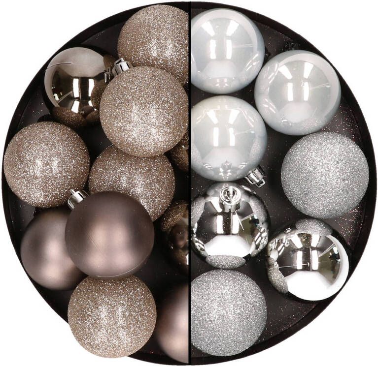 Merkloos 24x stuks kunststof kerstballen mix van champagne en zilver 6 cm Kerstbal