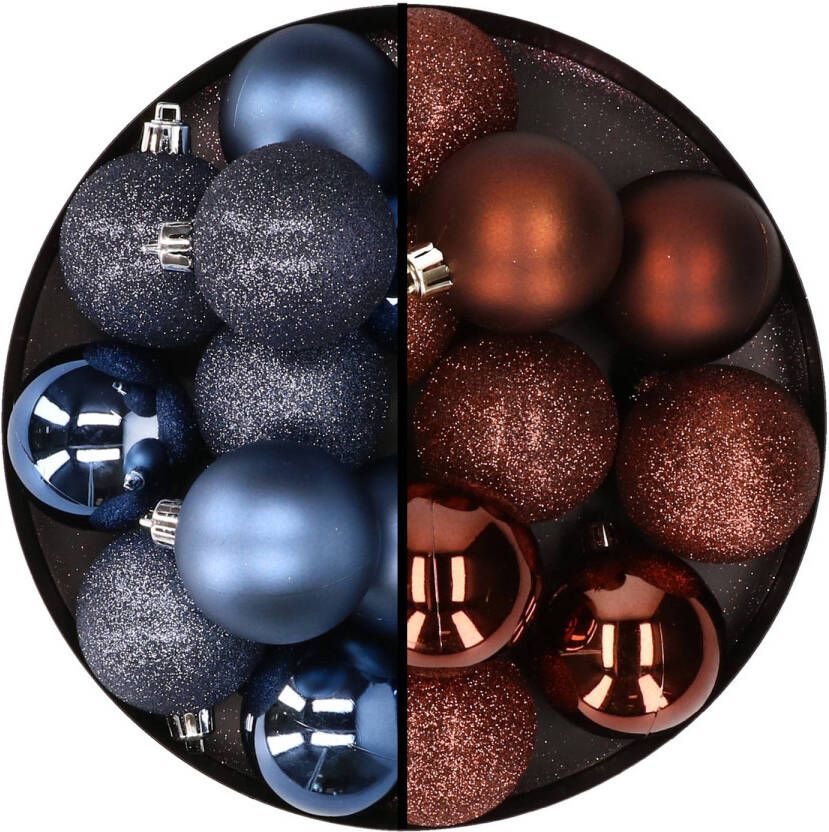 Merkloos 24x stuks kunststof kerstballen mix van donkerblauw en donkerbruin 6 cm Kerstbal