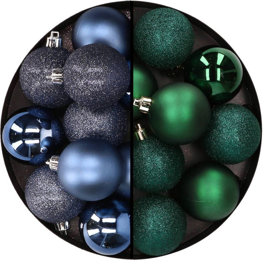 Merkloos 24x stuks kunststof kerstballen mix van donkerblauw en donkergroen 6 cm Kerstbal