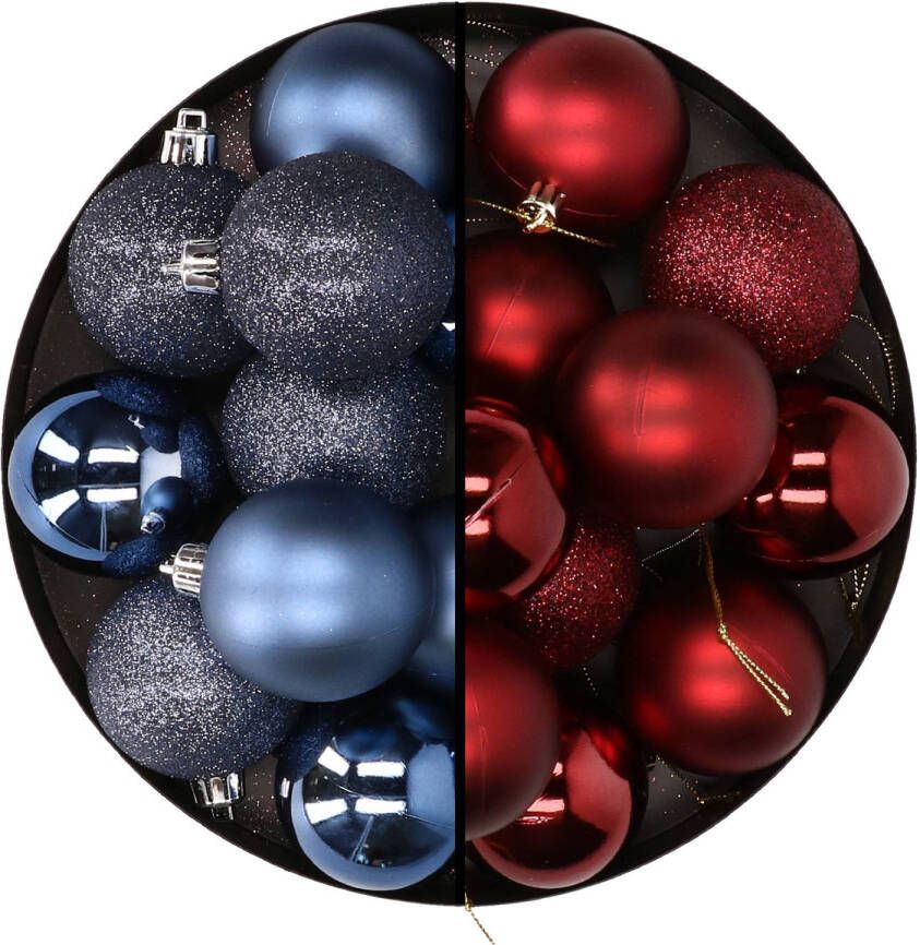 Merkloos 24x stuks kunststof kerstballen mix van donkerblauw en donkerrood 6 cm Kerstbal