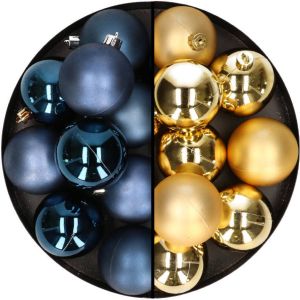 Merkloos 24x stuks kunststof kerstballen mix van donkerblauw en goud 6 cm Kerstbal