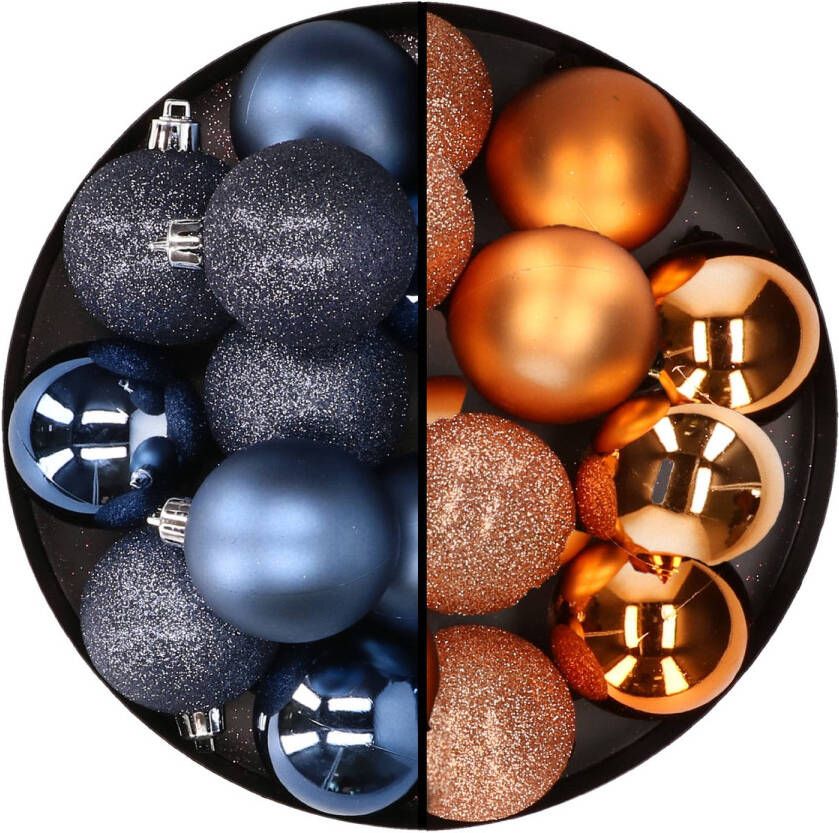 Merkloos 24x stuks kunststof kerstballen mix van donkerblauw en koper 6 cm Kerstbal