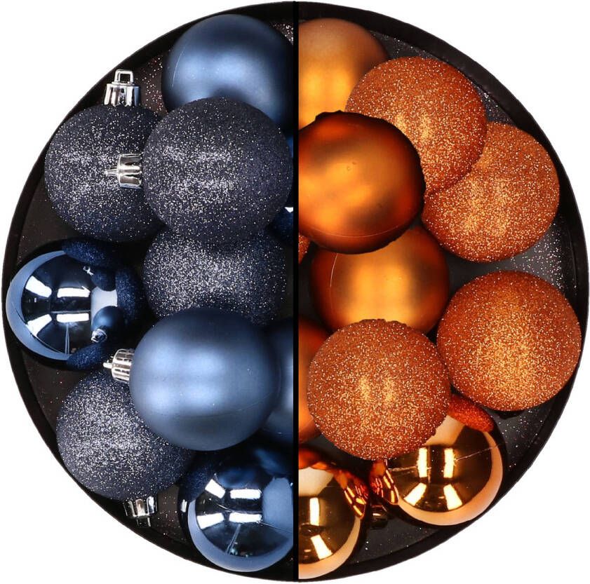 Merkloos 24x stuks kunststof kerstballen mix van donkerblauw en oranje 6 cm Kerstbal