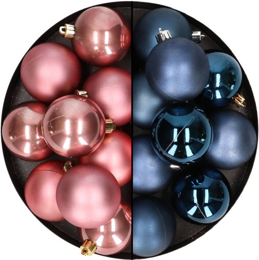 Merkloos 24x stuks kunststof kerstballen mix van donkerblauw en oudroze 6 cm Kerstbal