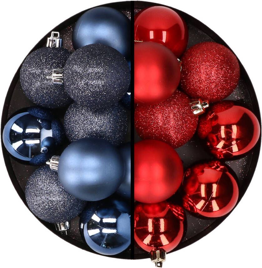 Merkloos 24x stuks kunststof kerstballen mix van donkerblauw en rood 6 cm Kerstbal