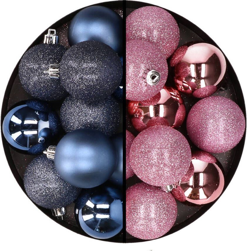 Merkloos 24x stuks kunststof kerstballen mix van donkerblauw en roze 6 cm Kerstbal