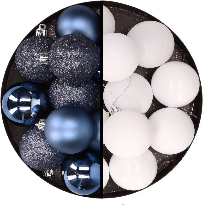 Merkloos 24x stuks kunststof kerstballen mix van donkerblauw en wit 6 cm Kerstbal