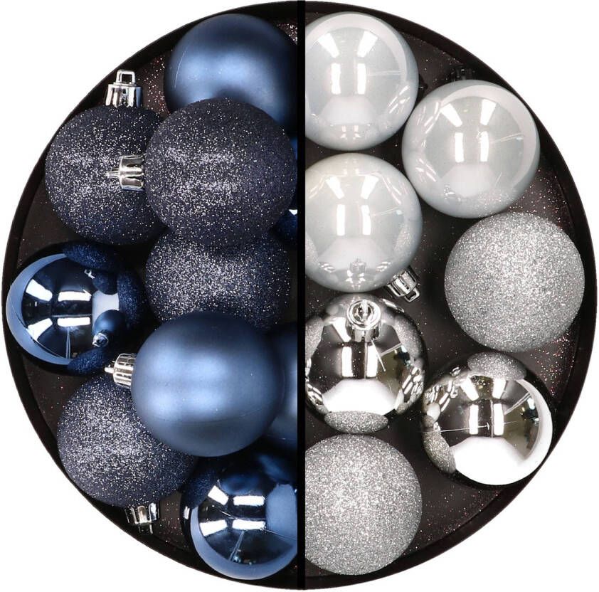 Merkloos 24x stuks kunststof kerstballen mix van donkerblauw en zilver 6 cm Kerstbal