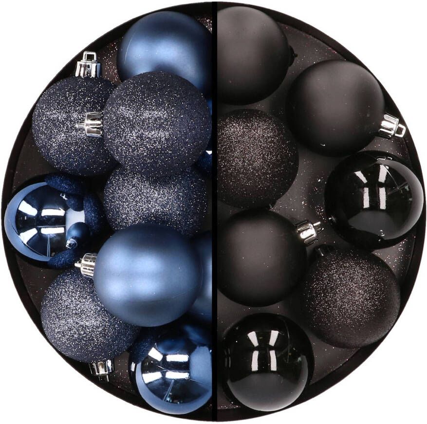 Merkloos 24x stuks kunststof kerstballen mix van donkerblauw en zwart 6 cm Kerstbal