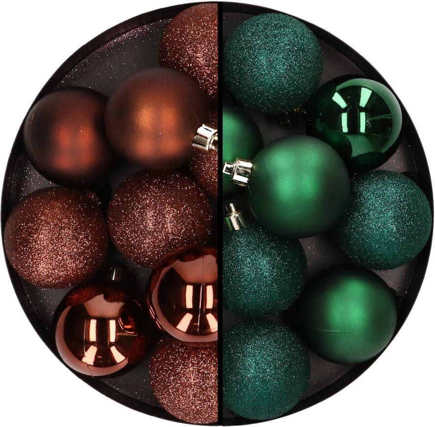 Merkloos 24x stuks kunststof kerstballen mix van donkerbruin en donkergroen 6 cm Kerstbal