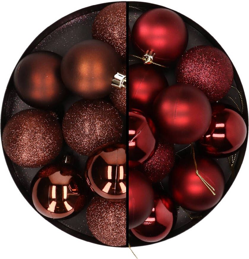 Merkloos 24x stuks kunststof kerstballen mix van donkerbruin en donkerrood 6 cm Kerstbal