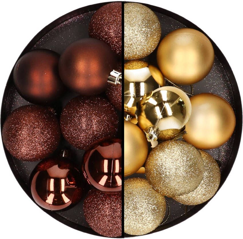 Merkloos 24x stuks kunststof kerstballen mix van donkerbruin en goud 6 cm Kerstbal