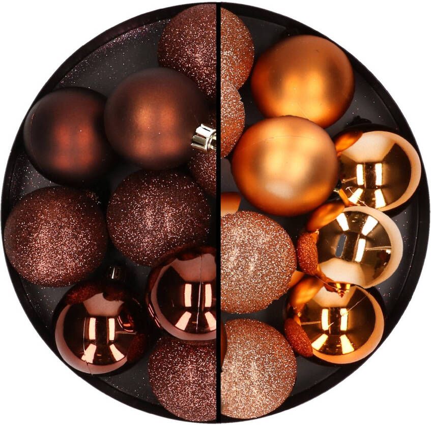 Merkloos 24x stuks kunststof kerstballen mix van donkerbruin en koper 6 cm Kerstbal
