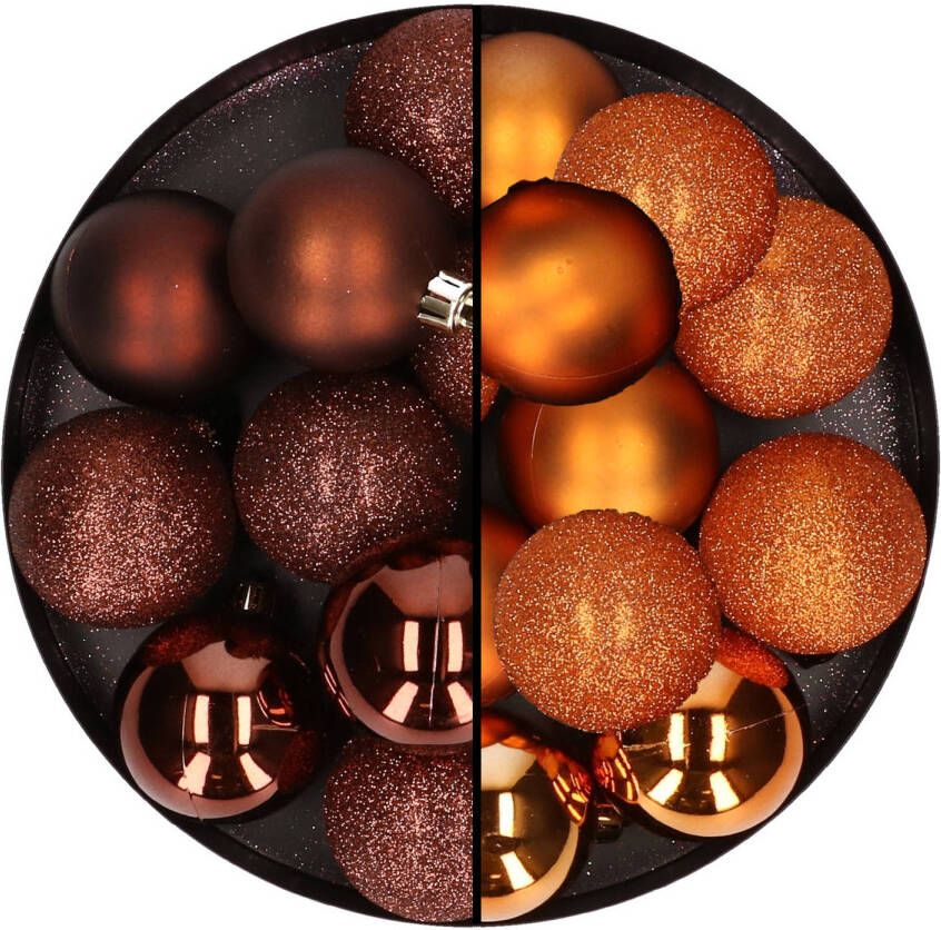 Merkloos 24x stuks kunststof kerstballen mix van donkerbruin en oranje 6 cm Kerstbal