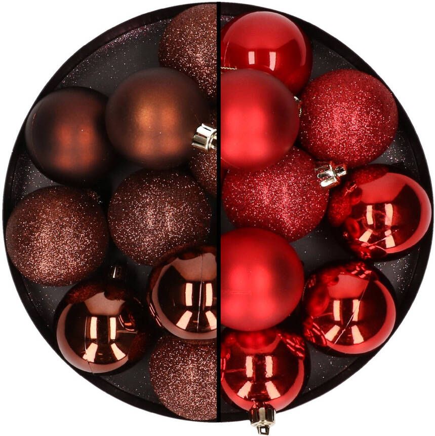 Merkloos 24x stuks kunststof kerstballen mix van donkerbruin en rood 6 cm Kerstbal