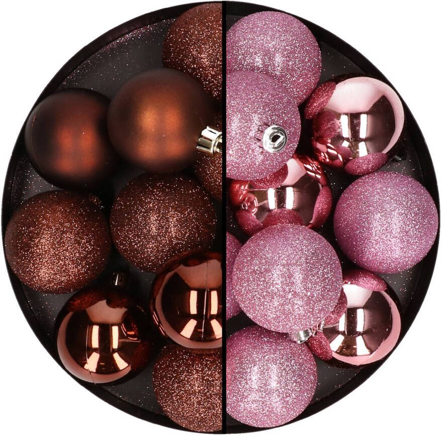 Merkloos 24x stuks kunststof kerstballen mix van donkerbruin en roze 6 cm Kerstbal