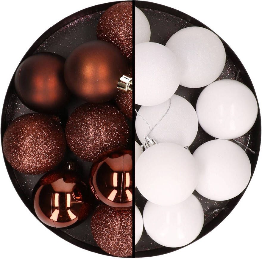 Merkloos 24x stuks kunststof kerstballen mix van donkerbruin en wit 6 cm Kerstbal