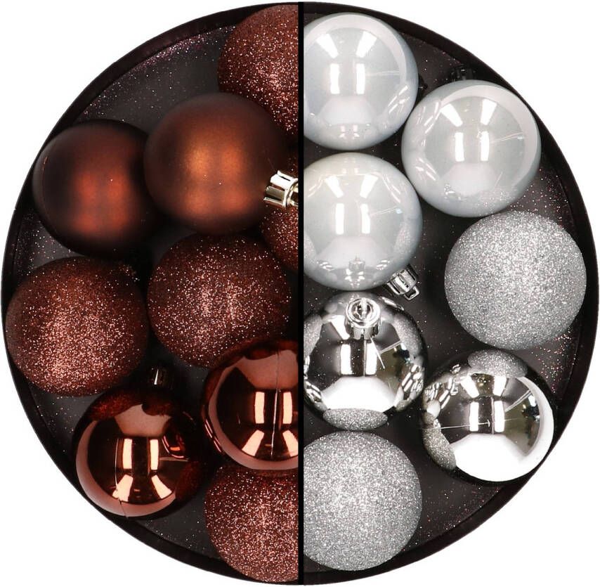 Merkloos 24x stuks kunststof kerstballen mix van donkerbruin en zilver 6 cm Kerstbal