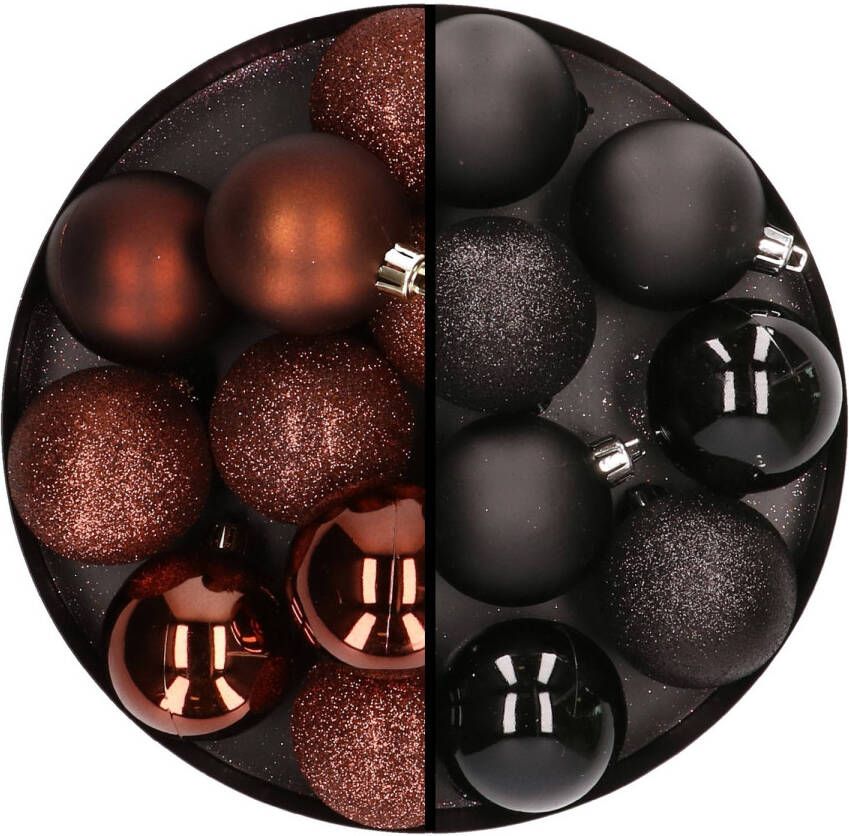 Merkloos 24x stuks kunststof kerstballen mix van donkerbruin en zwart 6 cm Kerstbal