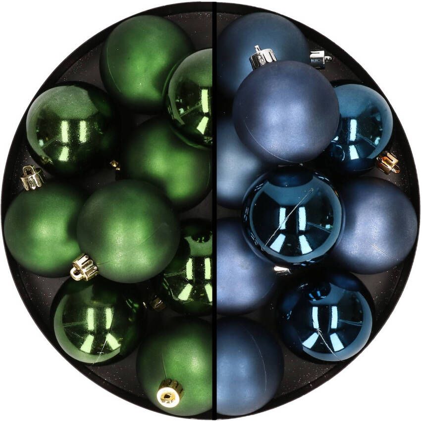 Merkloos 24x stuks kunststof kerstballen mix van donkergroen en donkerblauw 6 cm Kerstbal