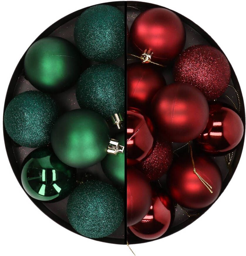 Merkloos 24x stuks kunststof kerstballen mix van donkergroen en donkerrood 6 cm Kerstbal