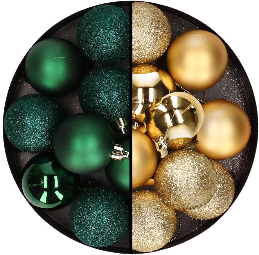 Merkloos 24x stuks kunststof kerstballen mix van donkergroen en goud 6 cm Kerstbal