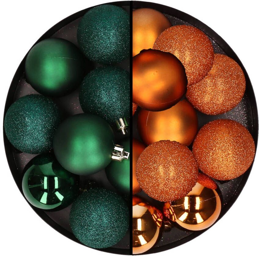 Merkloos 24x stuks kunststof kerstballen mix van donkergroen en oranje 6 cm Kerstbal