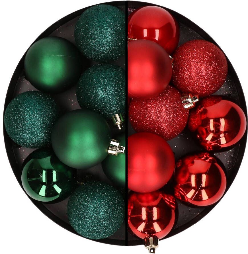 Merkloos 24x stuks kunststof kerstballen mix van donkergroen en rood 6 cm Kerstbal