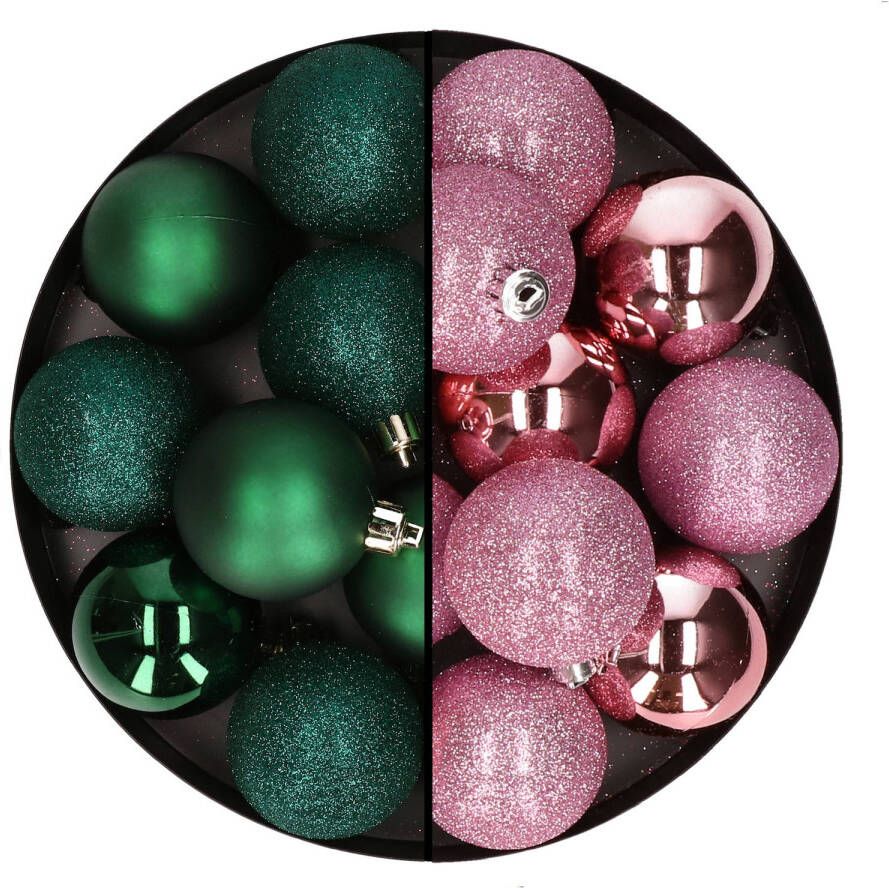 Merkloos 24x stuks kunststof kerstballen mix van donkergroen en roze 6 cm Kerstbal