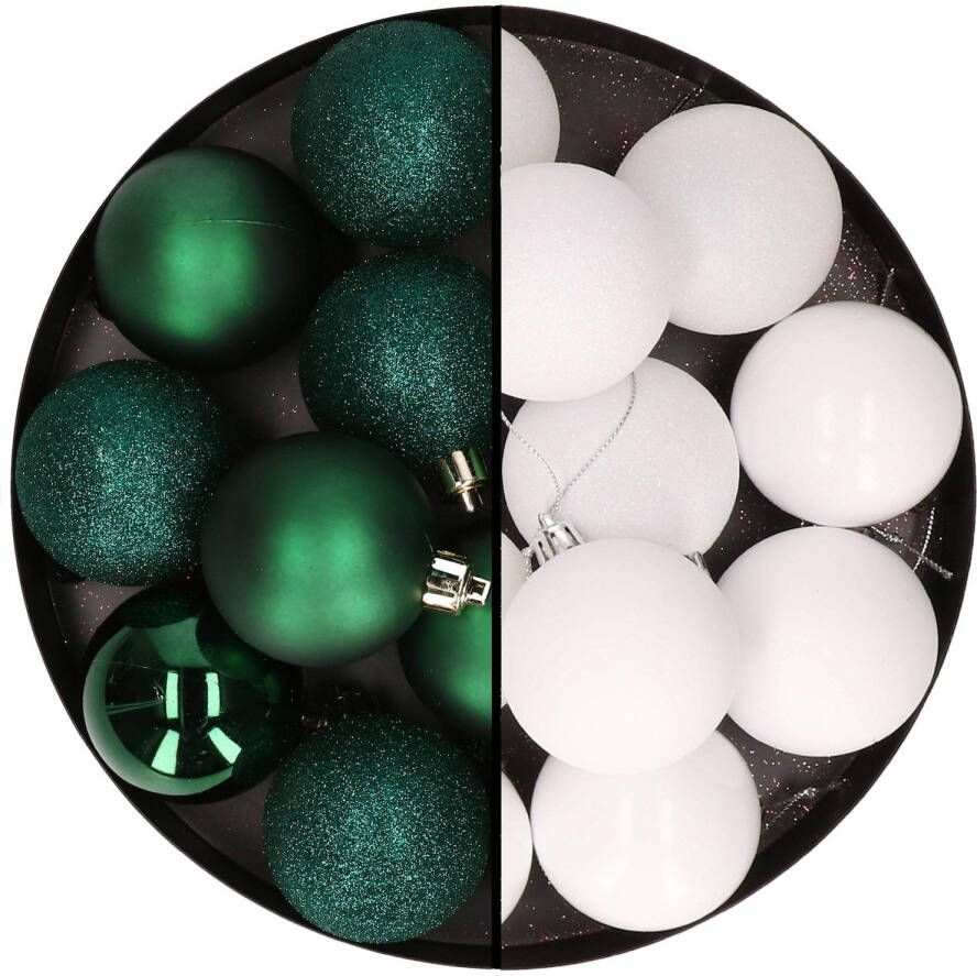 Merkloos 24x stuks kunststof kerstballen mix van donkergroen en wit 6 cm Kerstbal
