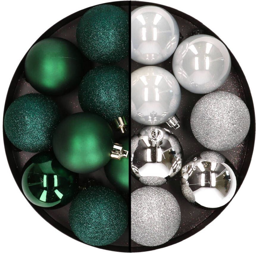 Merkloos 24x stuks kunststof kerstballen mix van donkergroen en zilver 6 cm Kerstbal