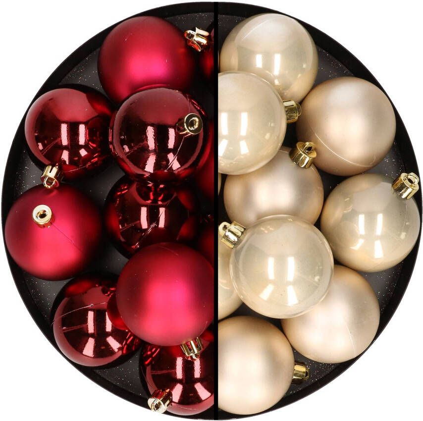 Merkloos 24x stuks kunststof kerstballen mix van donkerrood en champagne 6 cm Kerstbal