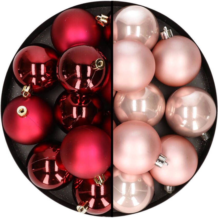 Merkloos 24x stuks kunststof kerstballen mix van donkerrood en lichtroze 6 cm Kerstbal