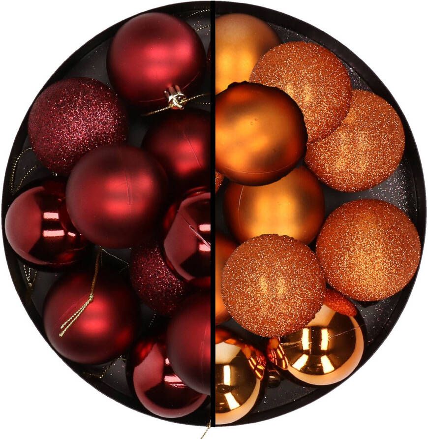 Merkloos 24x stuks kunststof kerstballen mix van donkerrood en oranje 6 cm Kerstbal