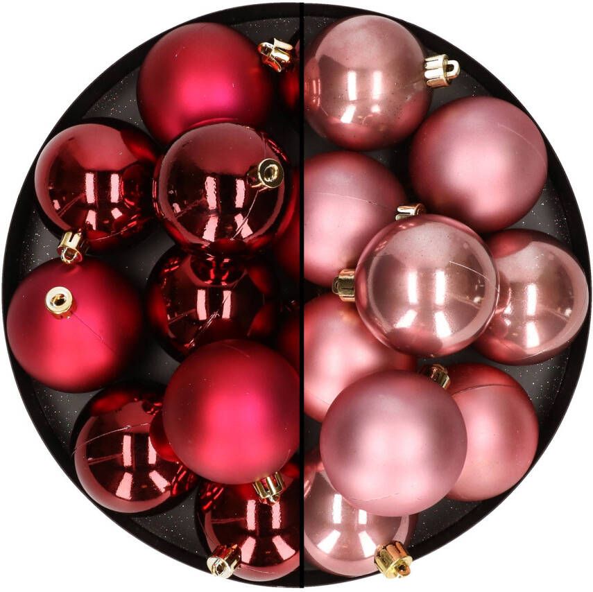 Merkloos 24x stuks kunststof kerstballen mix van donkerrood en oudroze 6 cm Kerstbal