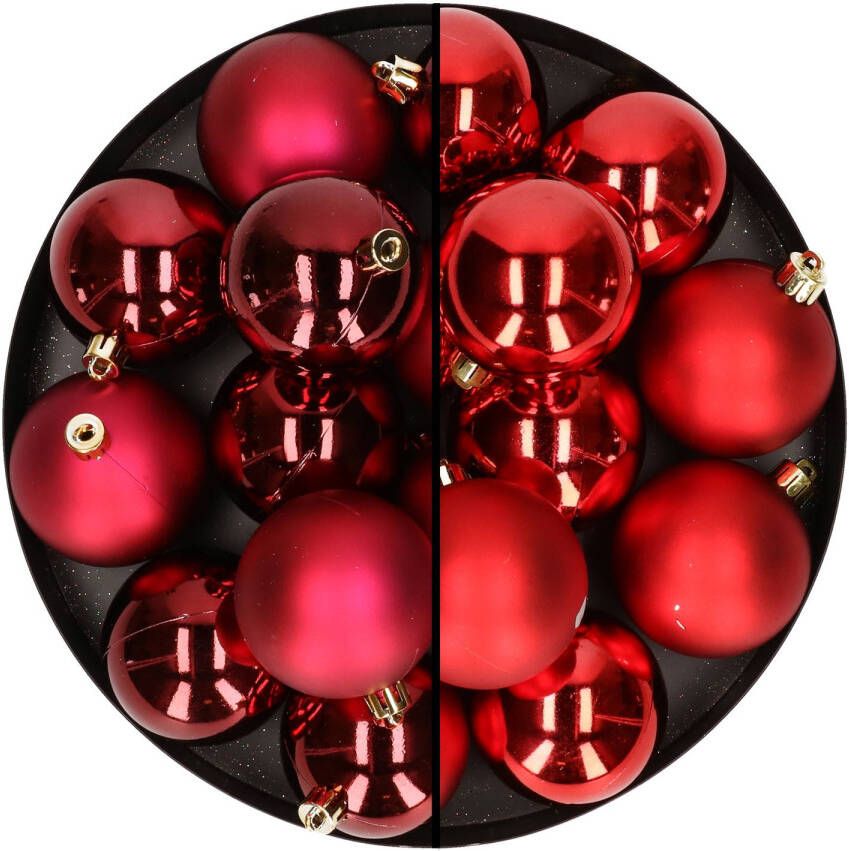 Merkloos 24x stuks kunststof kerstballen mix van donkerrood en rood 6 cm Kerstbal