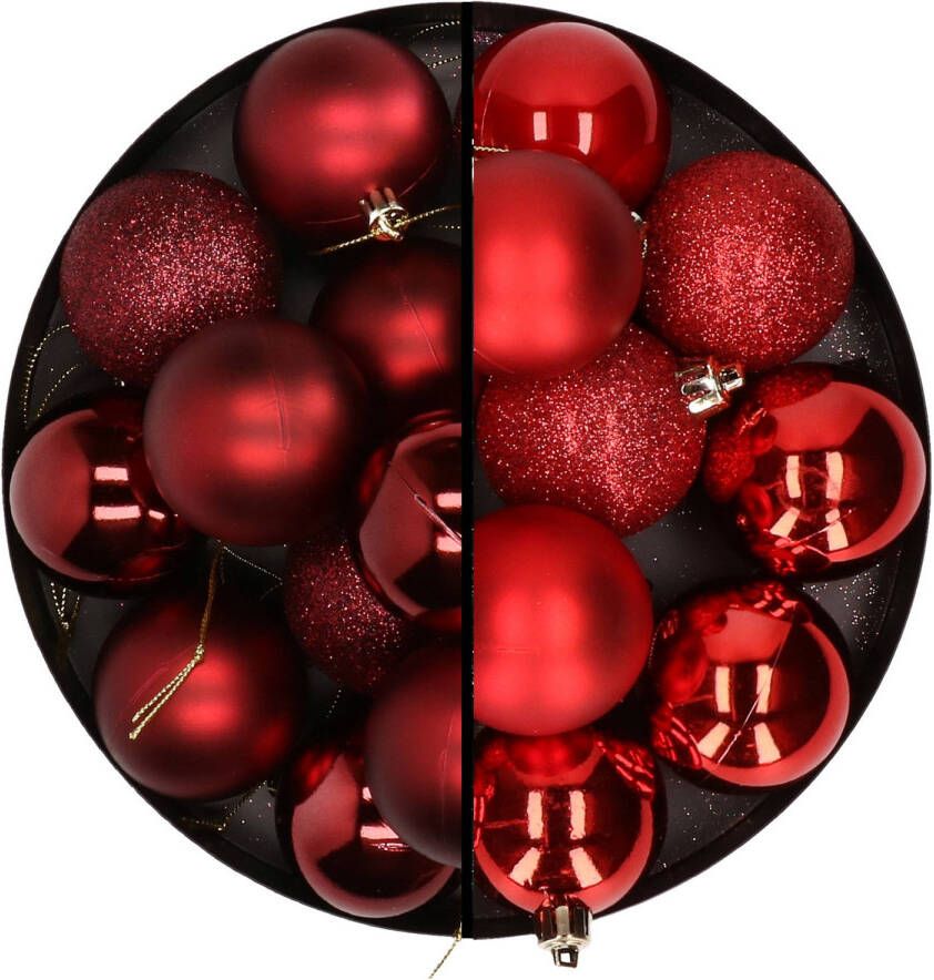 Merkloos 24x stuks kunststof kerstballen mix van donkerrood en rood 6 cm Kerstbal