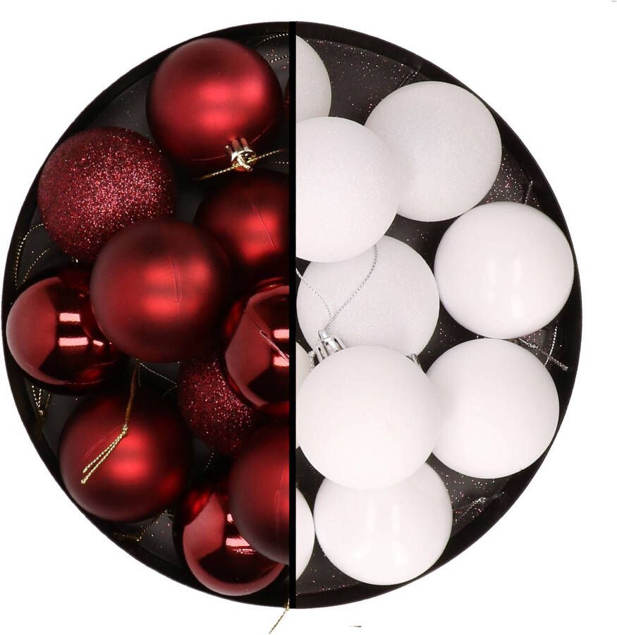Merkloos 24x stuks kunststof kerstballen mix van donkerrood en wit 6 cm Kerstbal