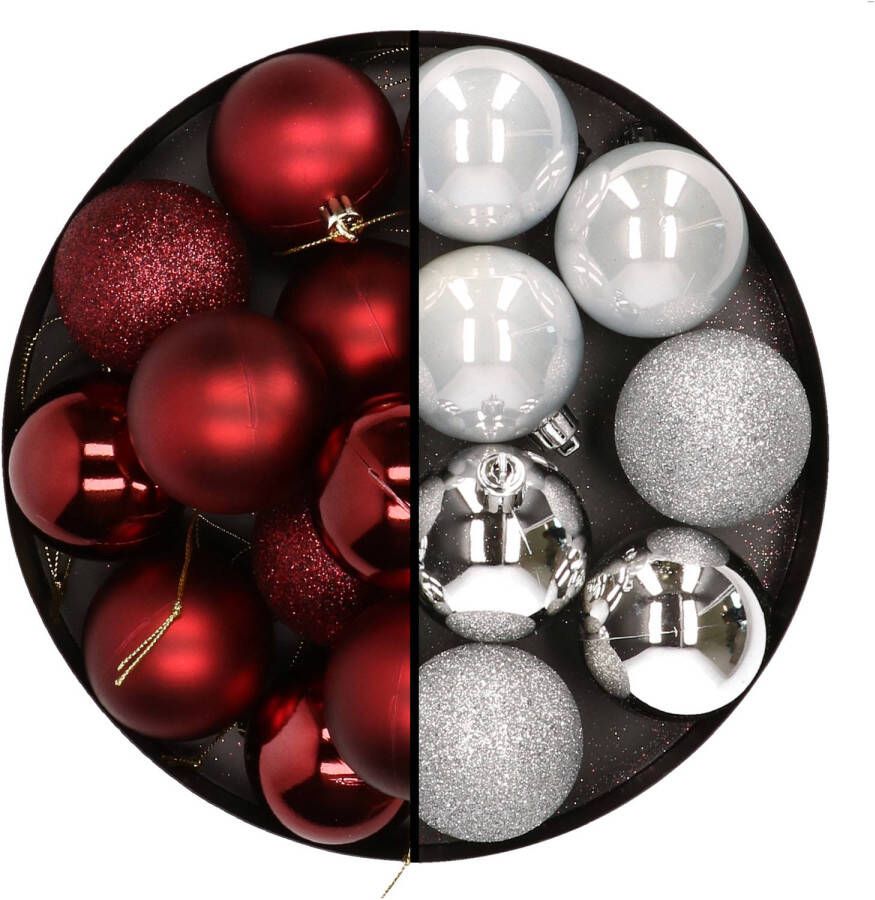 Merkloos 24x stuks kunststof kerstballen mix van donkerrood en zilver 6 cm Kerstbal