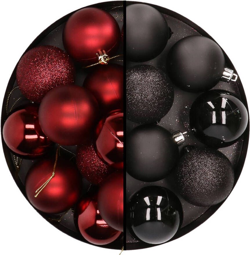 Merkloos 24x stuks kunststof kerstballen mix van donkerrood en zwart 6 cm Kerstbal