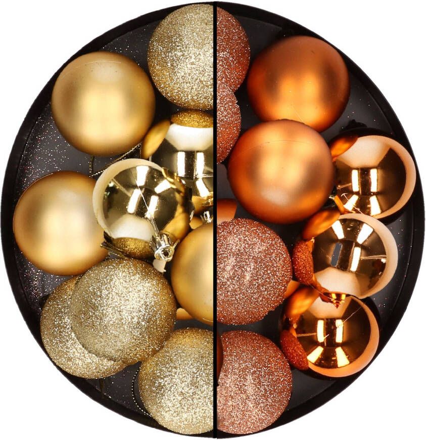 Merkloos 24x stuks kunststof kerstballen mix van goud en koper 6 cm Kerstbal