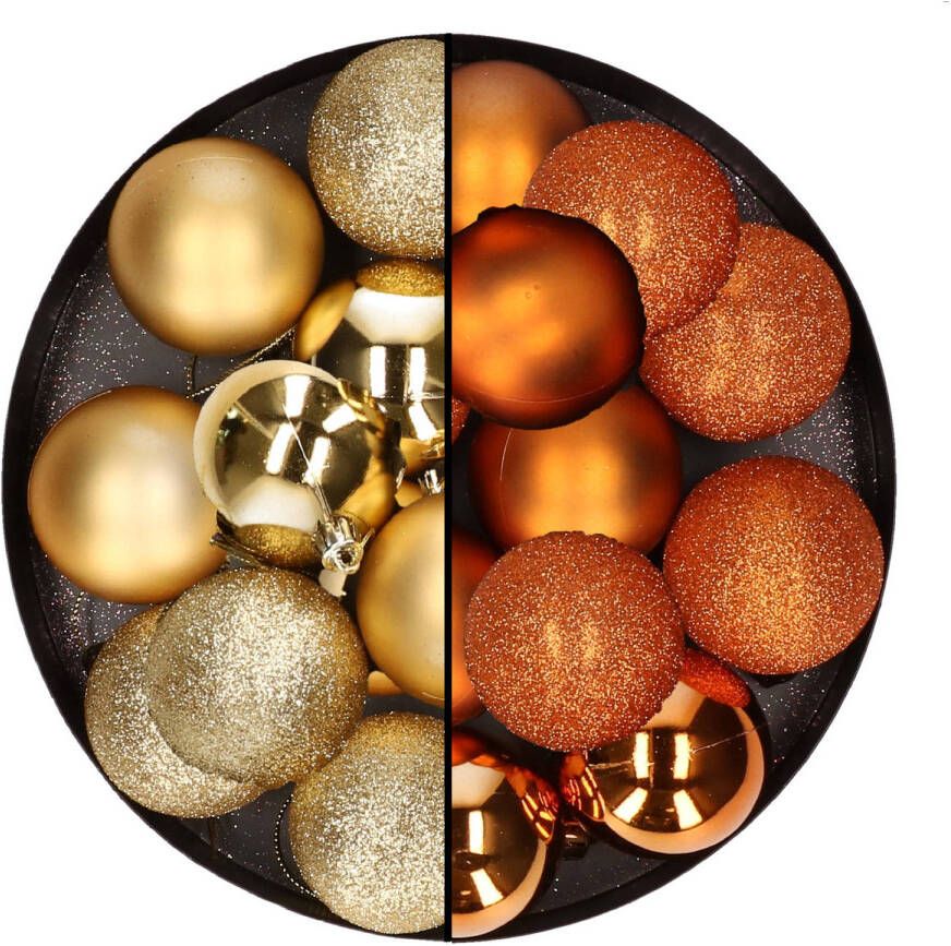 Merkloos 24x stuks kunststof kerstballen mix van goud en oranje 6 cm Kerstbal